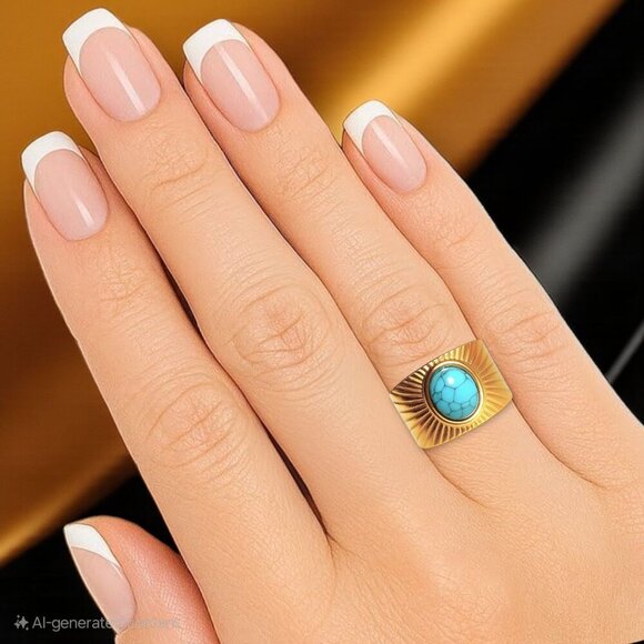 🆕️Sunburst Boho Chic 14K Gold Plated Adjustable Turquoise Statement Ring 🌞💙 - Picture 3 of 11